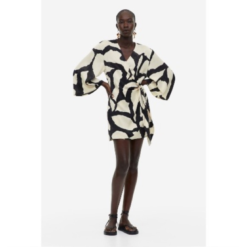 Black & Cream Abstract Wrap Dress